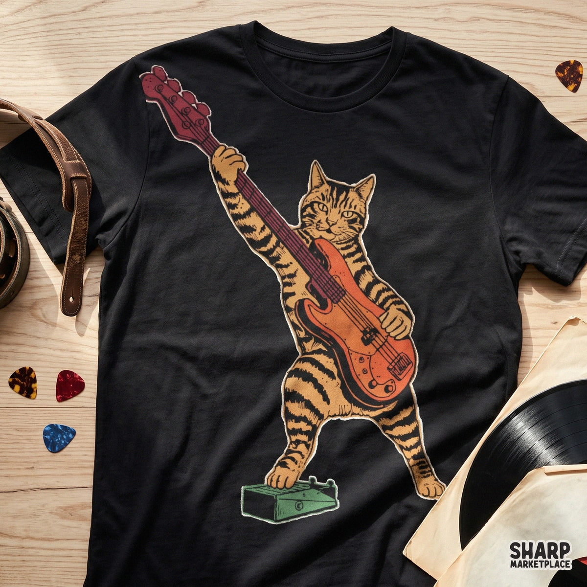 Rockstar Cat Playing Electric Bass Guitar, Sublimation PNG