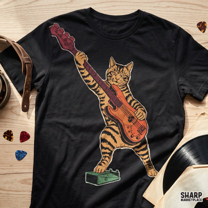 Rockstar Cat Playing Electric Bass Guitar, Sublimation PNG