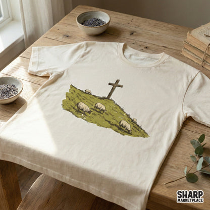 A vintage-style illustration of a wooden cross and grazing sheep on a hillside, presented as a digital graphic for custom apparel and sublimation.