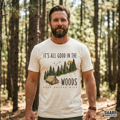 Retro camping tent and pine tree graphic with Keep Nature Wild text for outdoor t-shirt sublimation