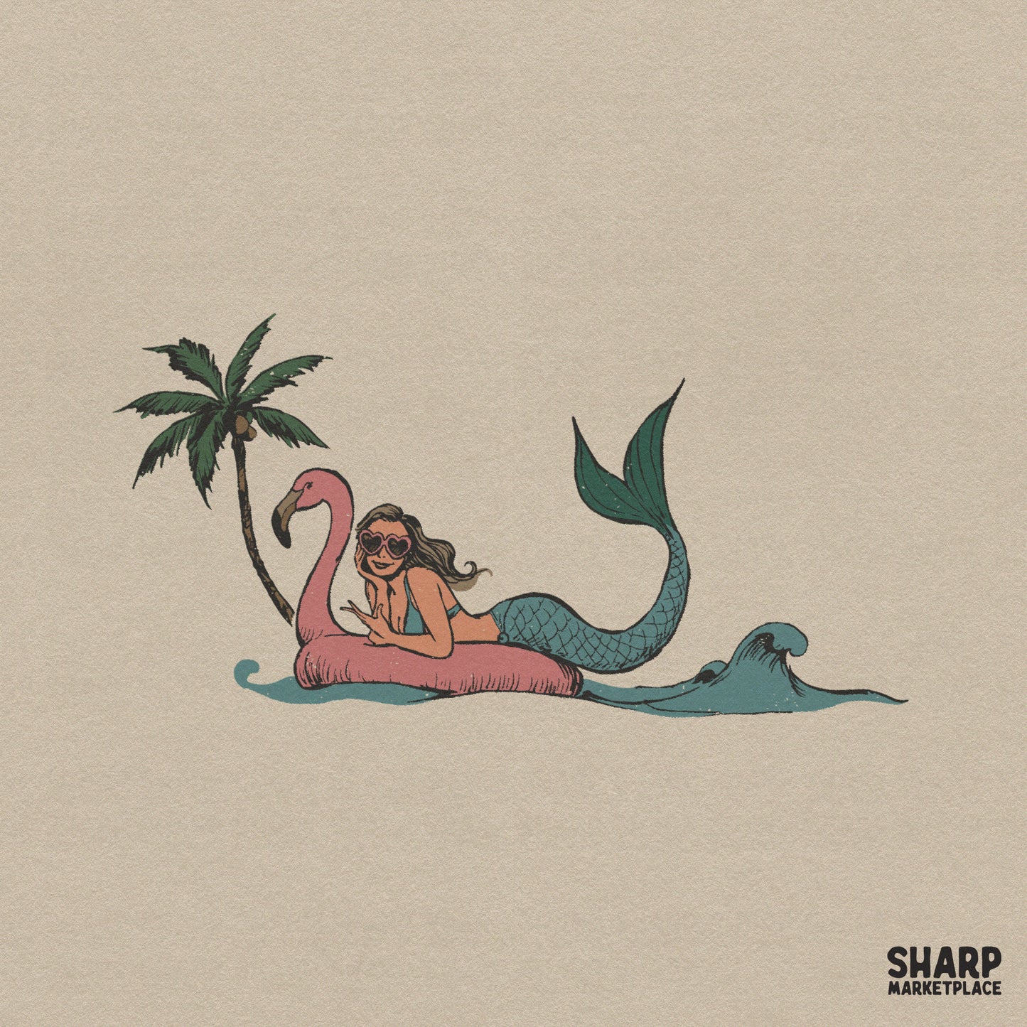 Retro summer sublimation png design featuring a tropical mermaid floating on a flamingo pool float