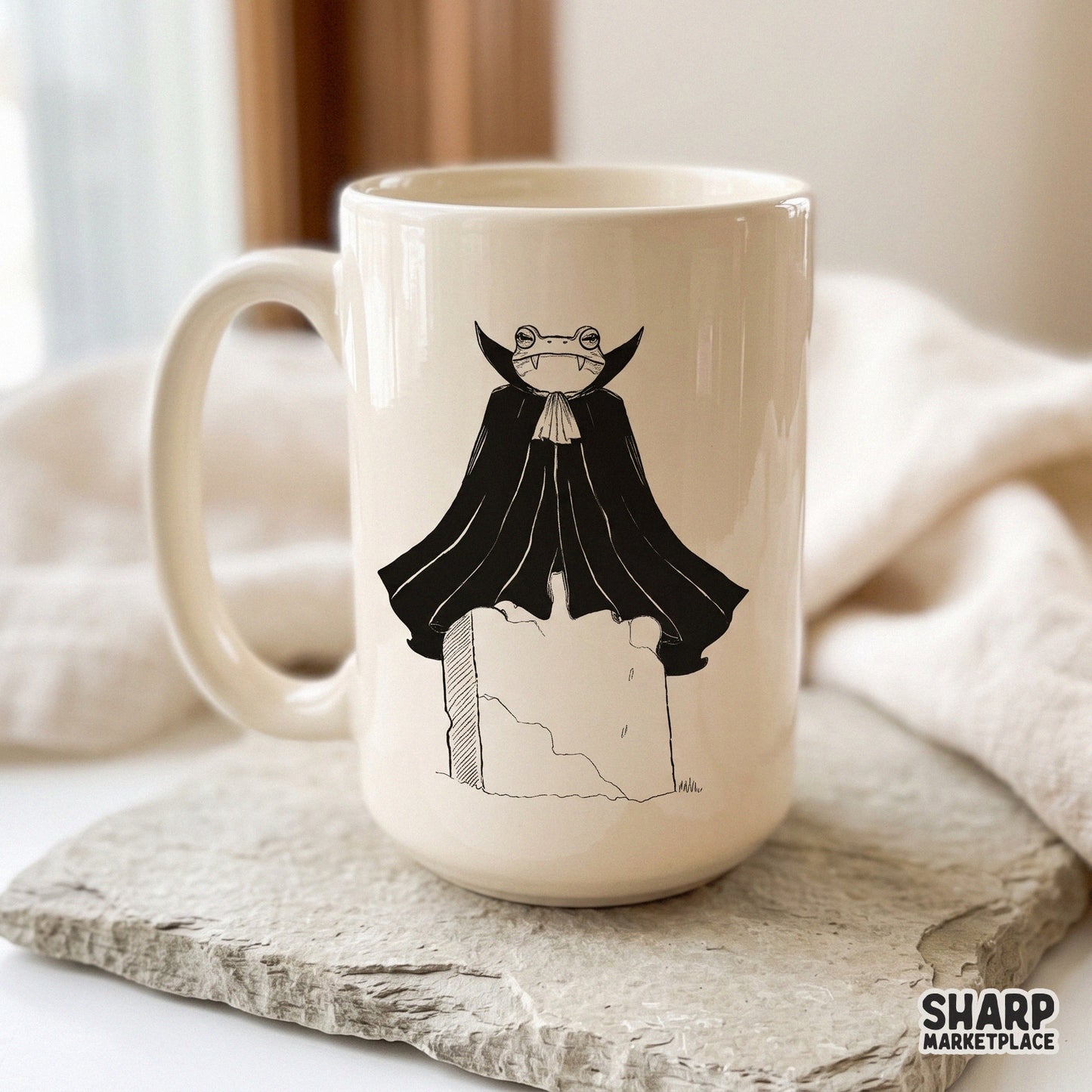 Vintage vampire frog on a tombstone sublimation design for spooky season shirts and retro Halloween decor