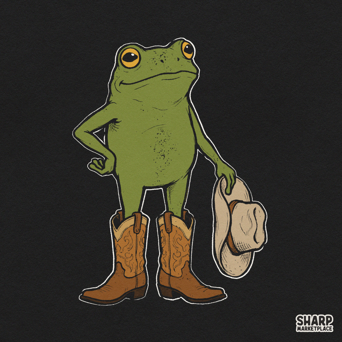 Cute green frog wearing cowboy boots holding a rodeo hat retro western sublimation PNG design for t-shirts