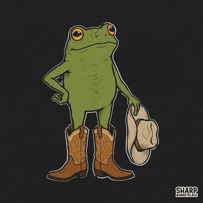 Cute green frog wearing cowboy boots holding a rodeo hat retro western sublimation PNG design for t-shirts