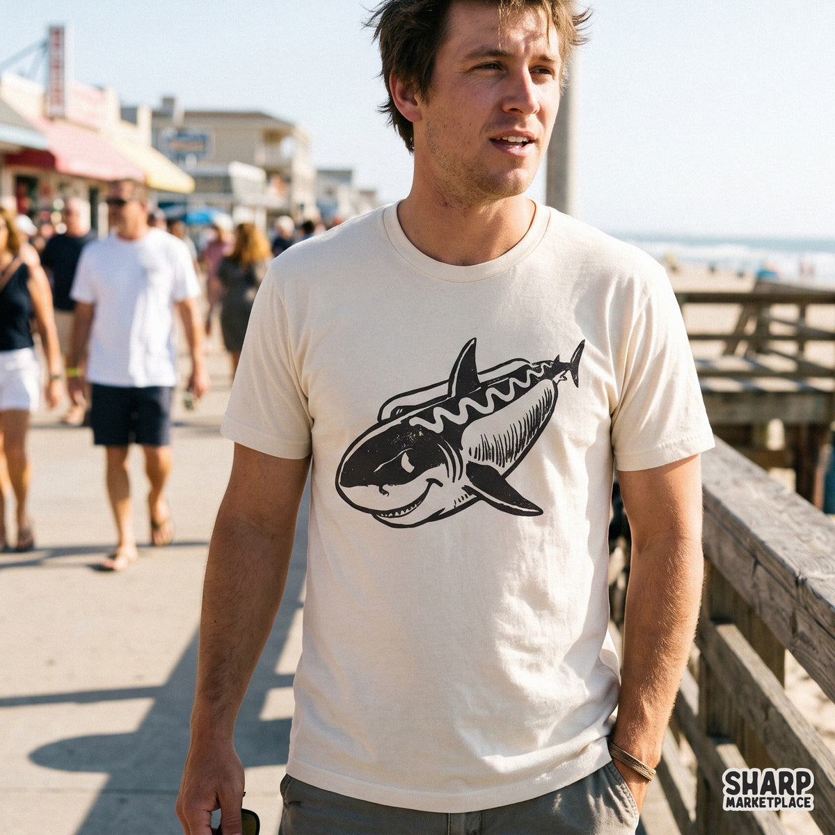 Cool vintage smiling great white shark sketch PNG graphic for summer beach t-shirts and tumblers