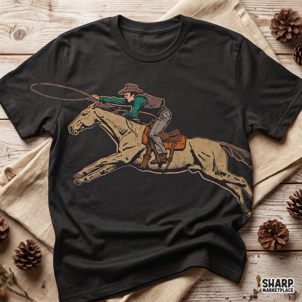 Vintage Cowboy Riding Galloping Horse With Lasso Tee