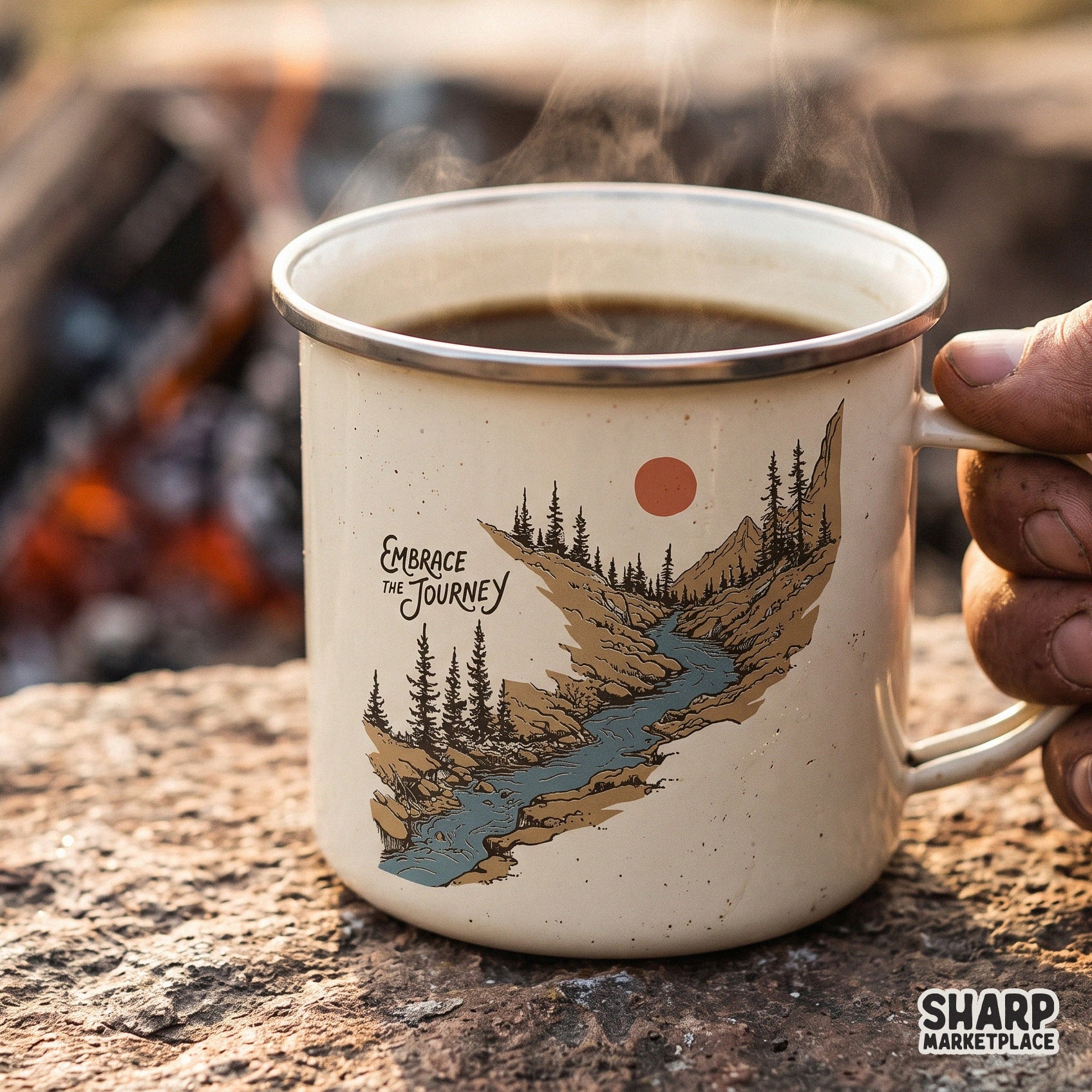 Vintage mountain river landscape design for camping and hiking shirts with retro lake life summer vibes sublimation png