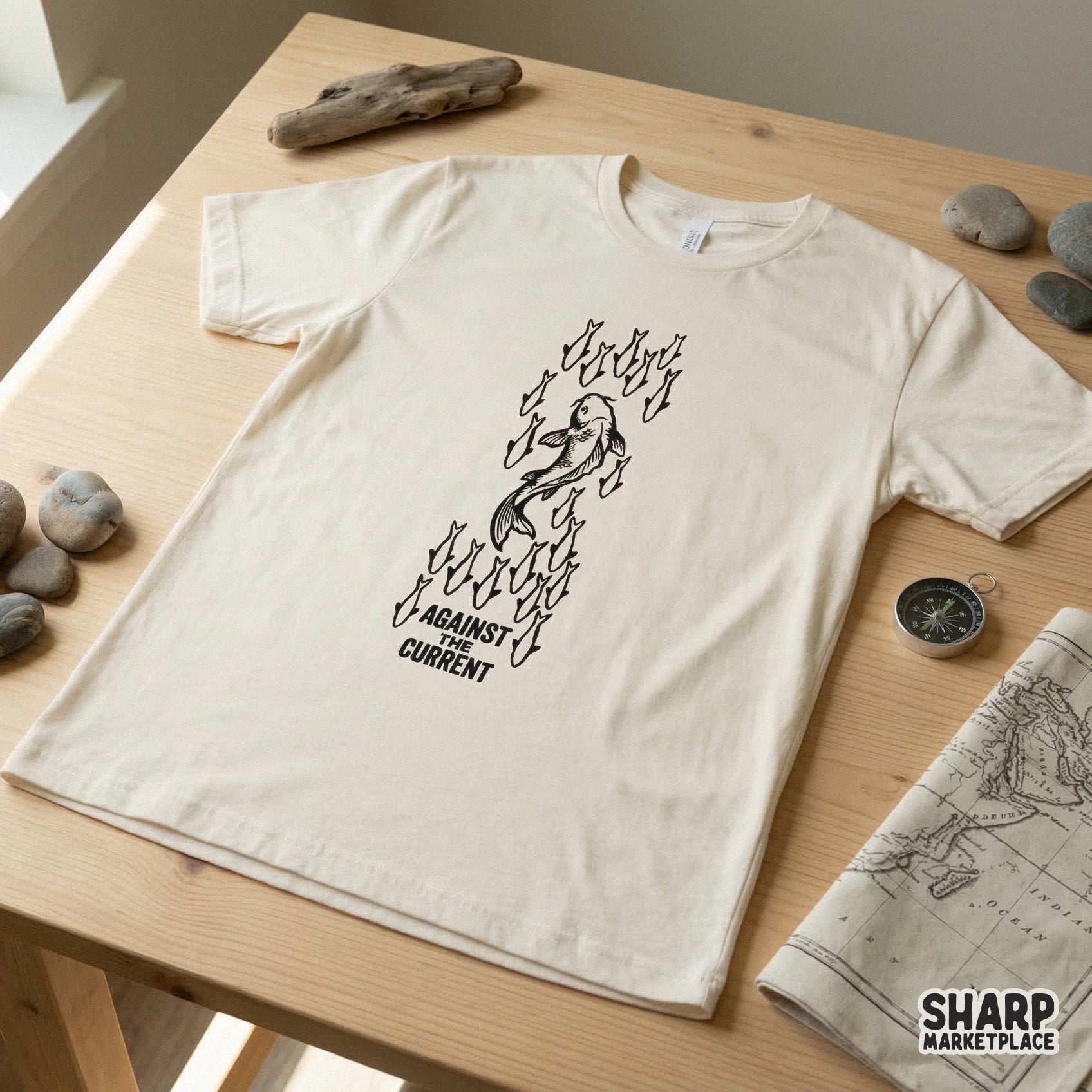 A minimalist black and white digital design featuring a koi fish swimming against a school of fish, printed on a cream colored t-shirt mockup.