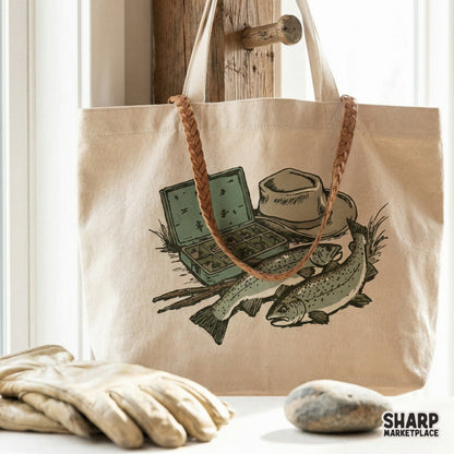 Rustic fishing gear PNG design featuring trout and angler equipment, ideal for creating custom tumblers, apparel, or outdoor-themed DIY projects.