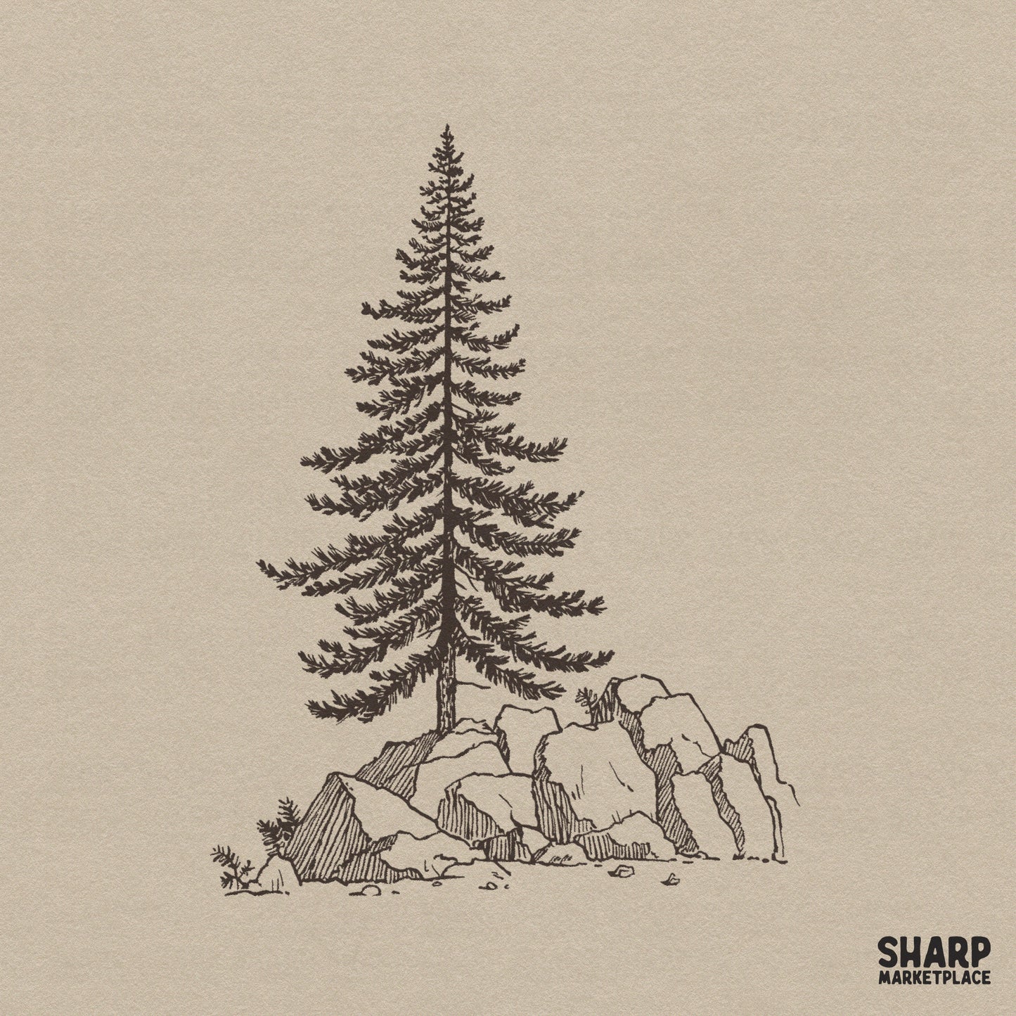 Vintage pine tree on rocks wilderness sketch for retro nature camping shirts and outdoor hiking sublimation