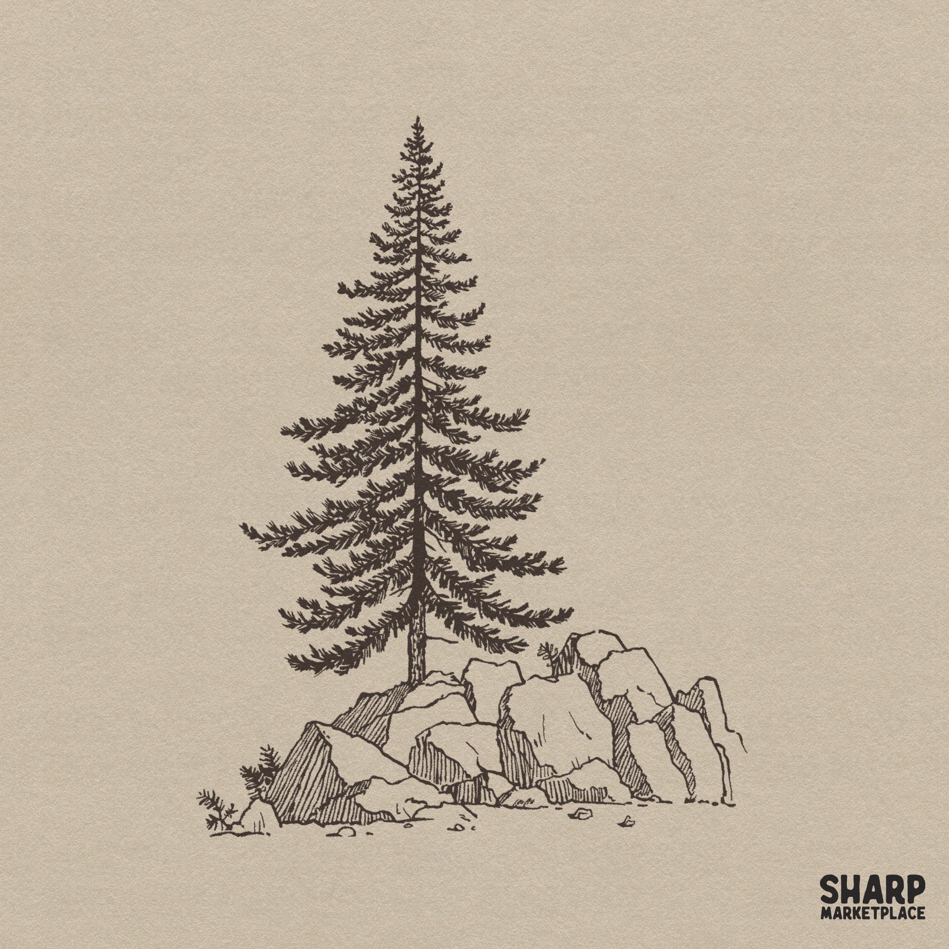 Vintage pine tree on rocks wilderness sketch for retro nature camping shirts and outdoor hiking sublimation