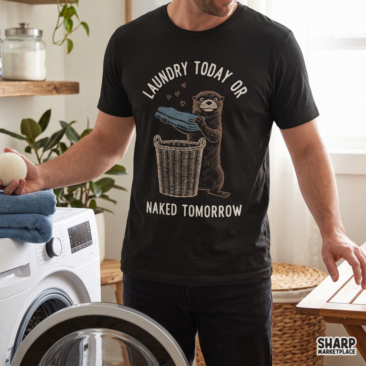 Funny otter folding clothes with Laundry Today or Naked Tomorrow text for sarcastic laundry room PNG shirt designs