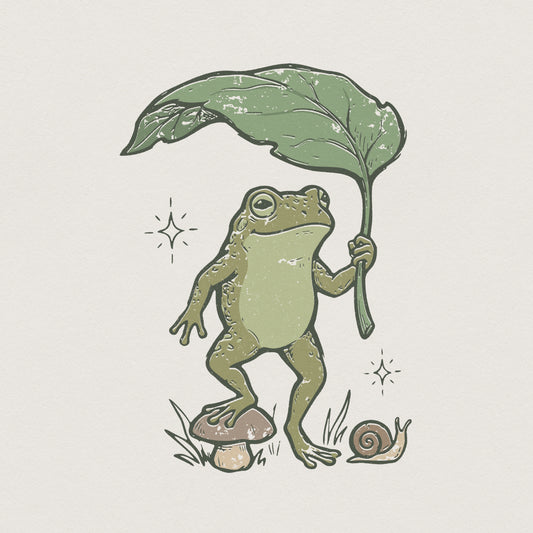 Whimsical Frog and Mushroom PNG, Cottagecore Nature Art - 300 DPI Design