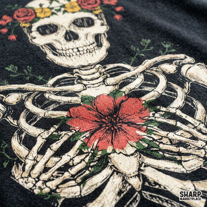 Floral skeleton torso with red bloom and flower crown graphic for Halloween sublimation t-shirts