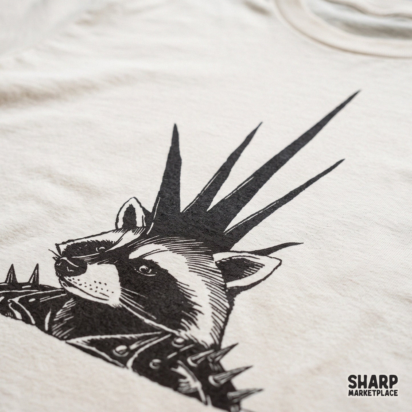 Edgy punk raccoon in a spiked leather jacket streetwear graphic for animal lovers shirt custom sublimation printing