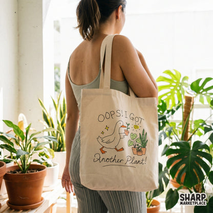 Playful goose gardener design with the quote Oops! I Got Another Plant! in a soft color palette, ideal for plant lover shirts and wall art.