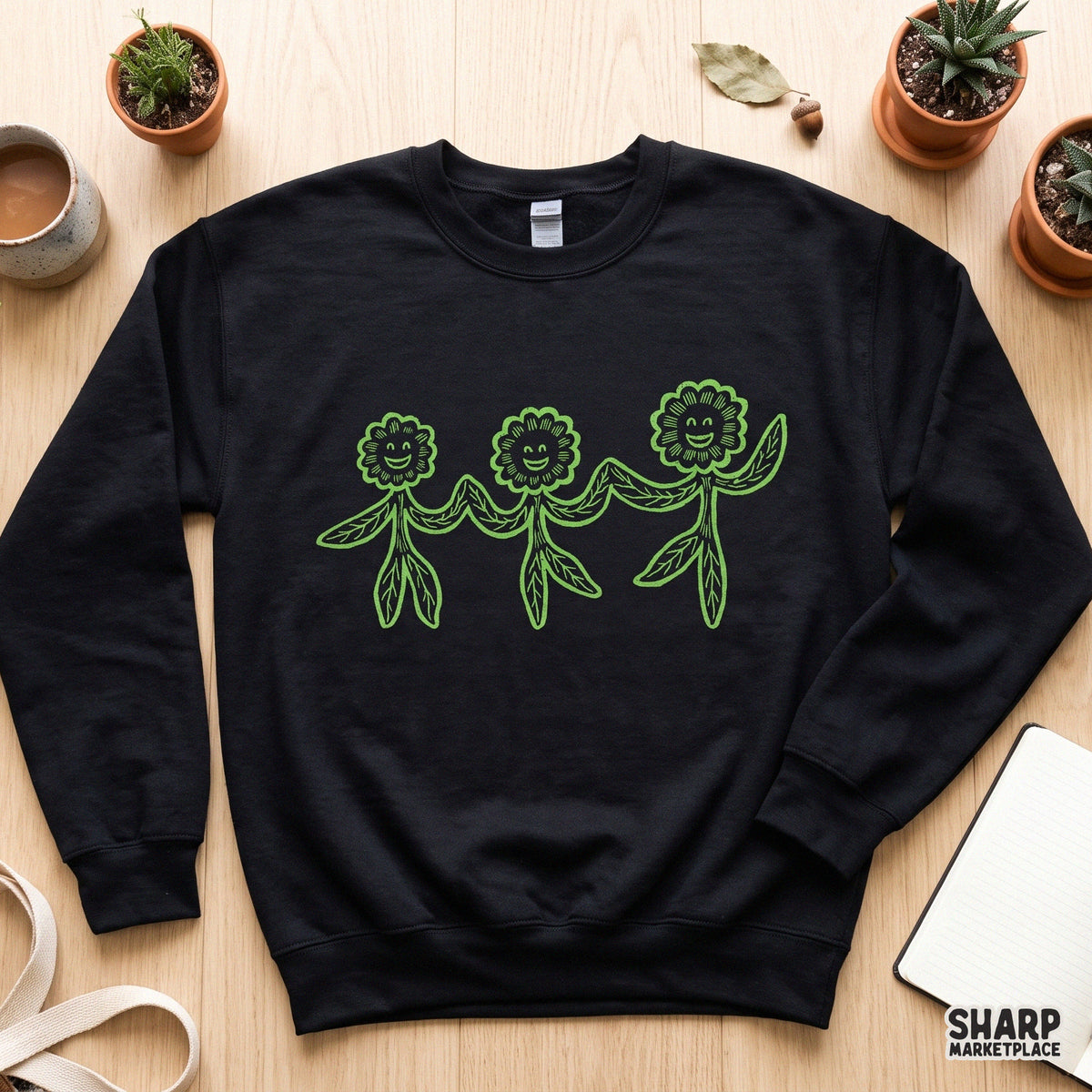Three happy dancing green plants illustration in a retro 70s aesthetic for shirt and tumbler sublimation designs