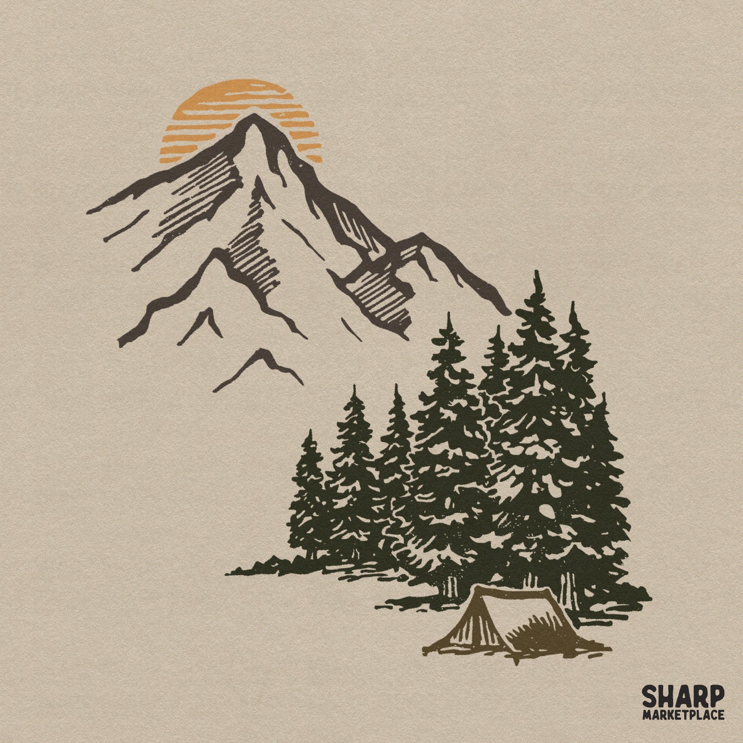 Retro mountain camping scene with pine trees and outdoor tent, trendy summer png sticker design