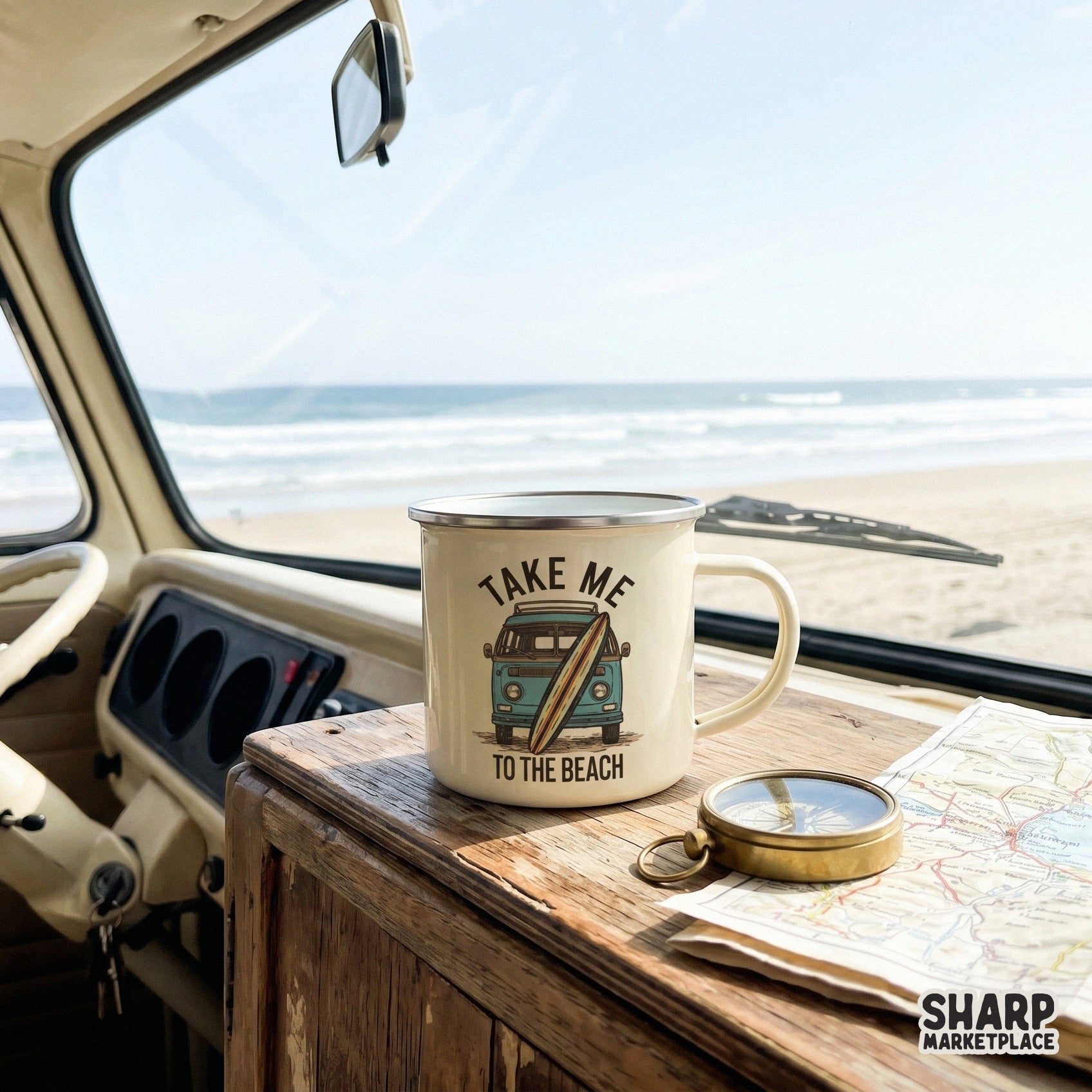 Retro surf van with surfboard sublimation design for summer beach shirts and tumbler png templates