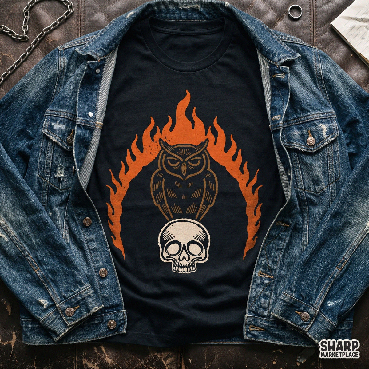 Symmetrical owl perched on a skull encircled by flames dark gothic streetwear graphic for Halloween PNG sublimation