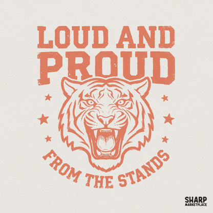 Vintage style roaring tiger mascot graphic in coral orange with the text Loud and Proud from the Stands and six stars for sports apparel.