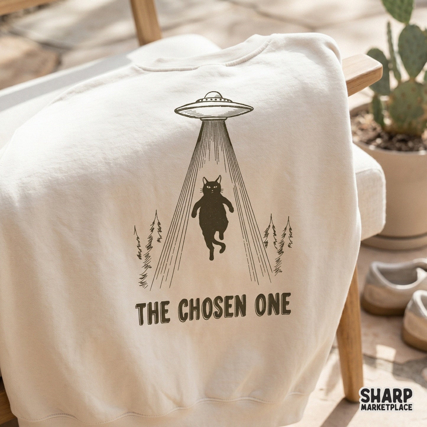 The Chosen One alien abduction black cat PNG for funny space UFO meme t-shirts and spooky Halloween apparel design