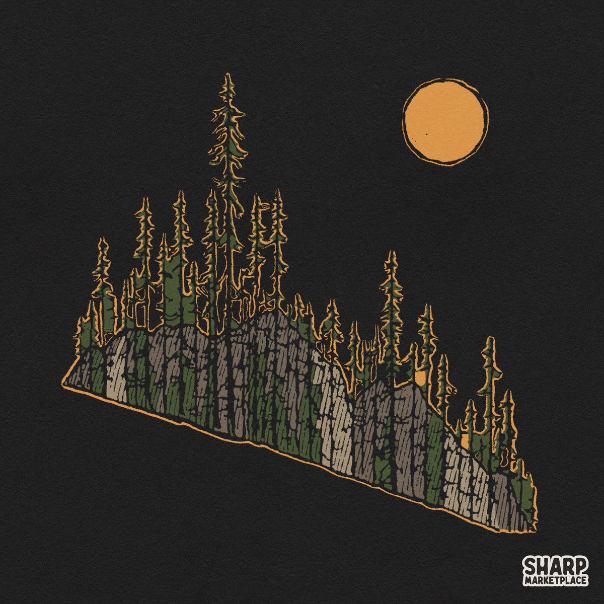 Retro wilderness pine forest on a rocky cliff sublimation PNG design ideal for outdoor camping shirts