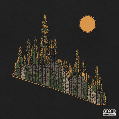 Retro wilderness pine forest on a rocky cliff sublimation PNG design ideal for outdoor camping shirts