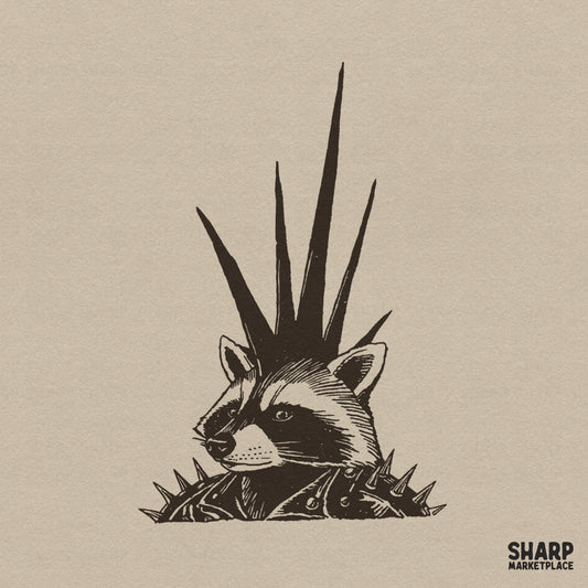 Edgy punk raccoon in a spiked leather jacket funny trash panda digital png shirt graphic for animal lovers
