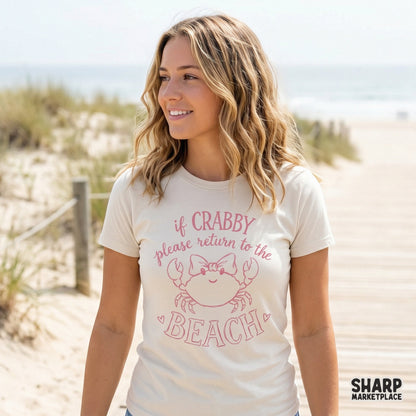 Retro style pink crab illustration with a bow and playful beach-themed text, suitable for coastal apparel, sublimation projects, and custom DIY crafts.