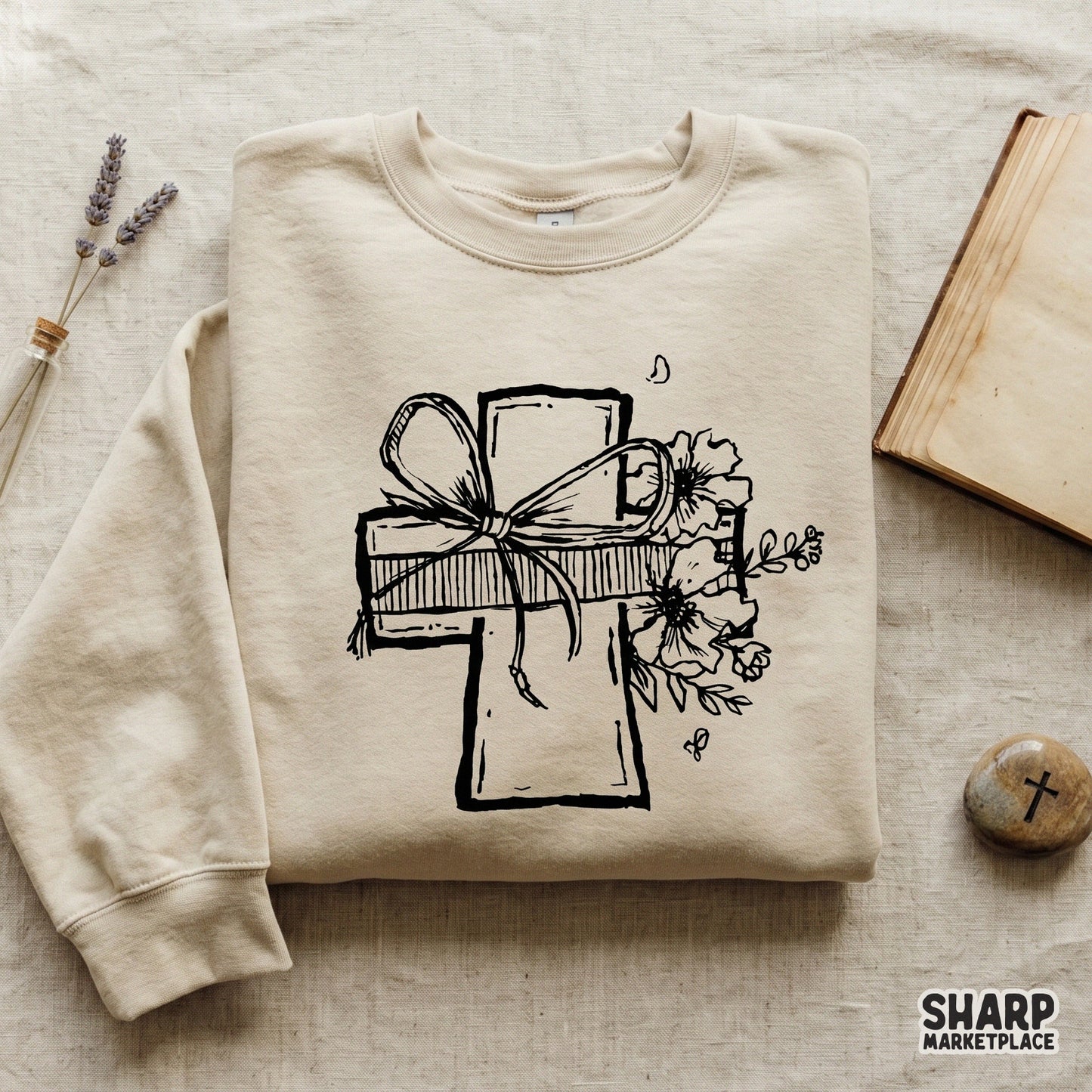 Digital illustration of a floral cross with a coquette aesthetic, featuring a striped bow and botanical accents for sublimation or shirt printing.