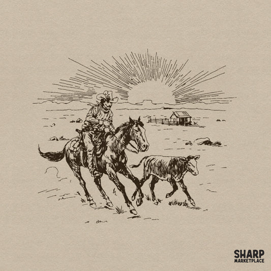 Hand-drawn line art of a cowboy riding a horse herding a calf under a sunset, perfect for western-themed sublimation and apparel designs.