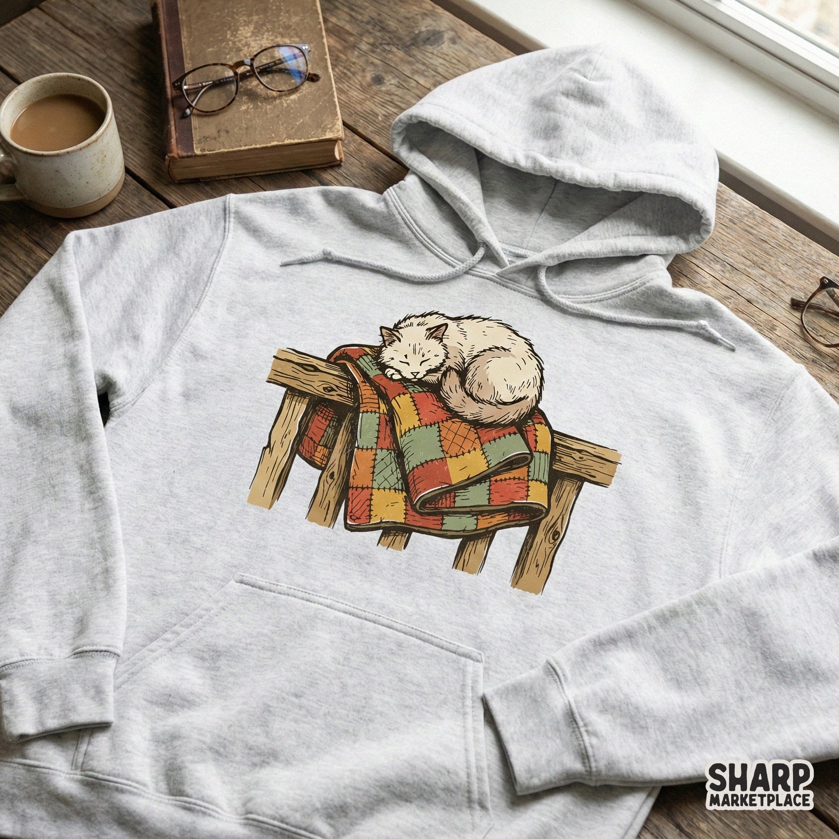 Sleeping Cat on Patchwork Quilt PNG, Vintage Cozy Cat Digital Download -