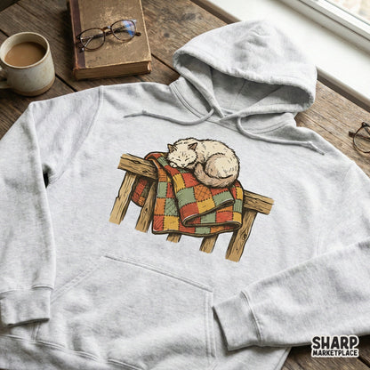 Sleeping Cat on Patchwork Quilt PNG, Vintage Cozy Cat Digital Download -