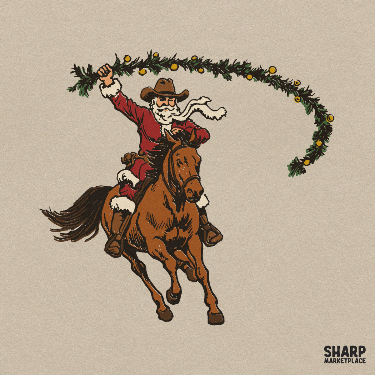 Western Cowboy Santa Riding Galloping Horse Christmas PNG