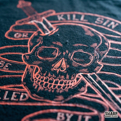 Gothic sword and skull design with Kill Sin text for edgy Christian shirts and sublimation