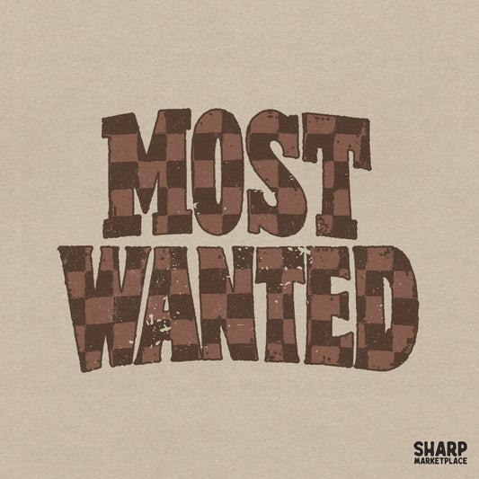 Most Wanted text design with a brown and tan checkered pattern and a distressed vintage texture for western apparel sublimation.