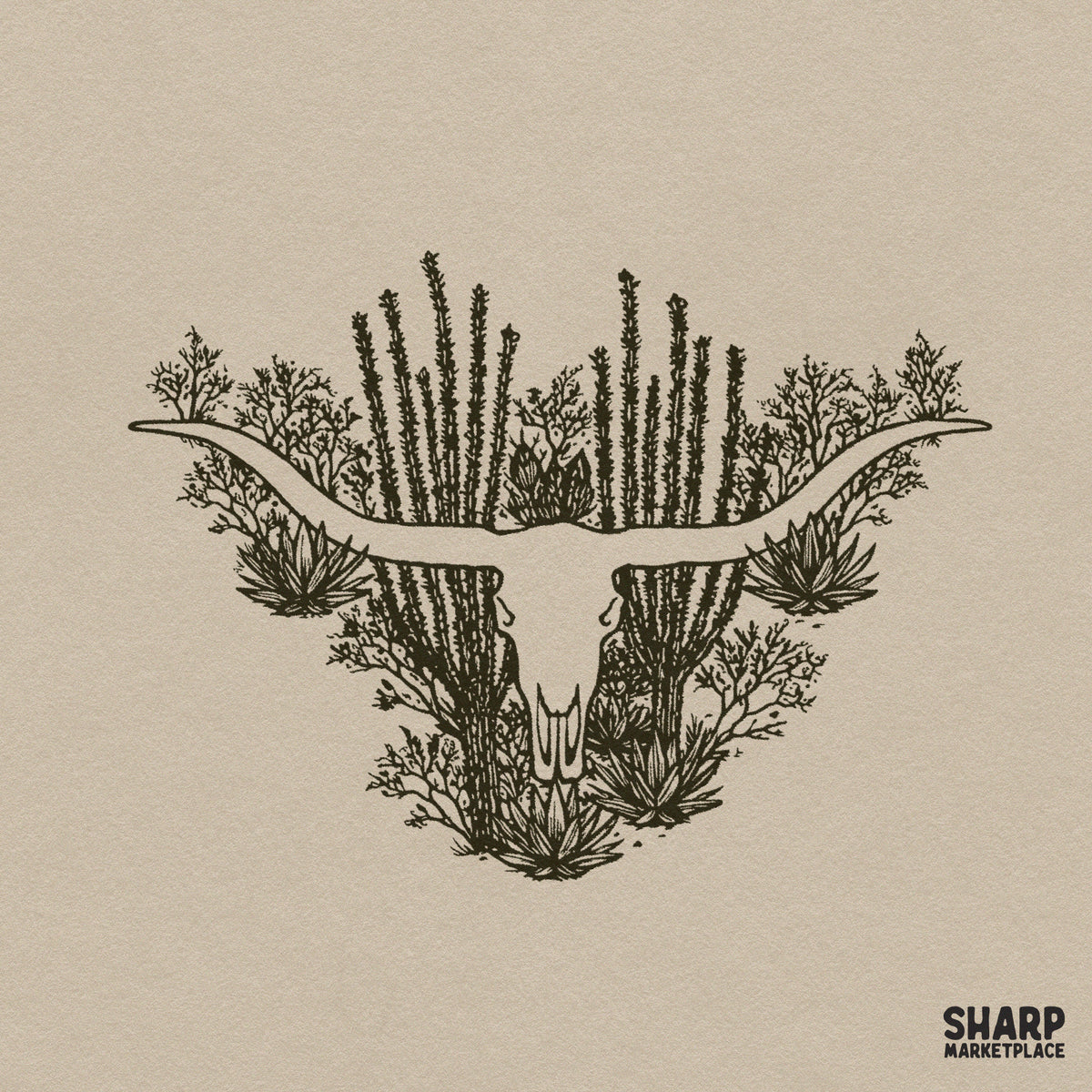 Vintage desert landscape inside a bull skull graphic for retro western cowboy shirts and DTG printing