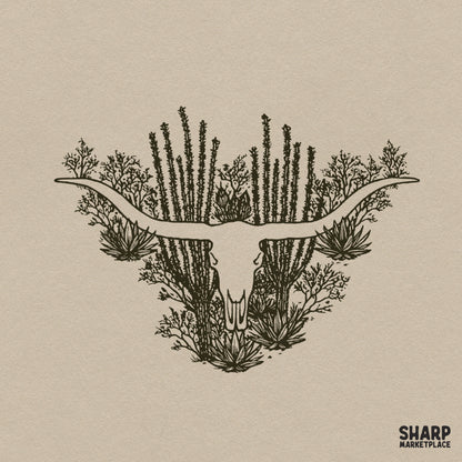 Vintage desert landscape inside a bull skull graphic for retro western cowboy shirts and DTG printing