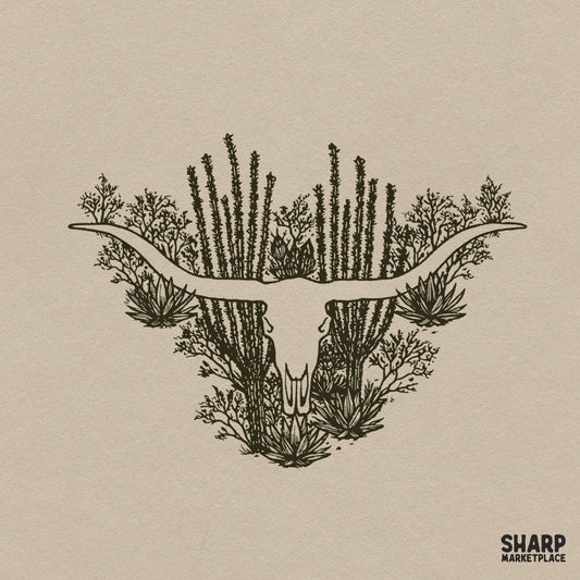 Vintage desert landscape inside a bull skull graphic for retro western cowboy shirts and DTG printing