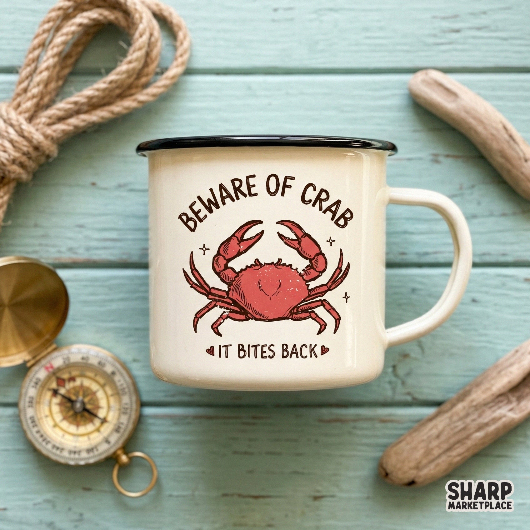 Distressed red crab illustration with hand-lettered typography reading Beware Of Crab It Bites Back, ideal for DIY sublimation transfers and tumblers.