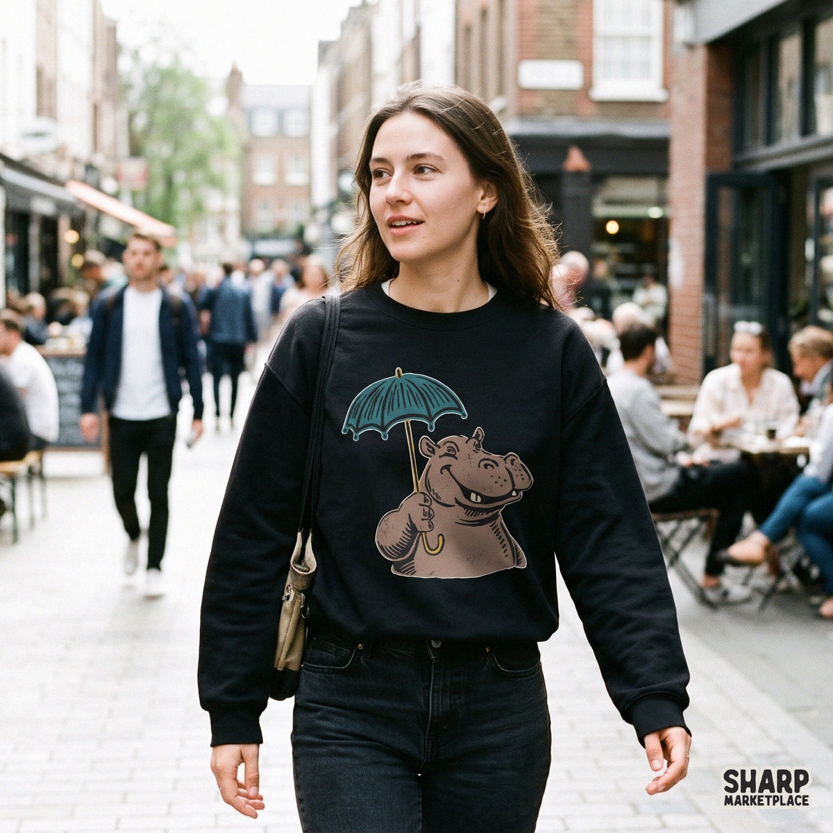 Cute smiling hippo with a teal umbrella retro rainy day PNG graphic design for t-shirts and animal lovers