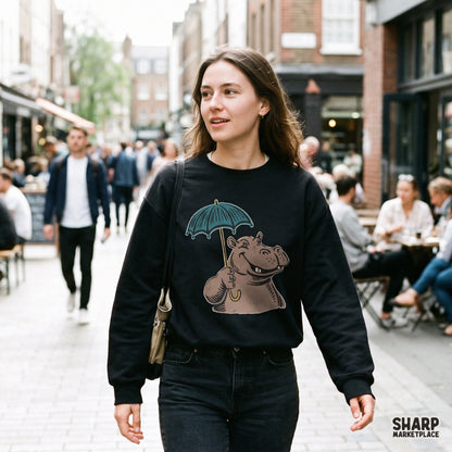 Cute smiling hippo with a teal umbrella retro rainy day PNG graphic design for t-shirts and animal lovers