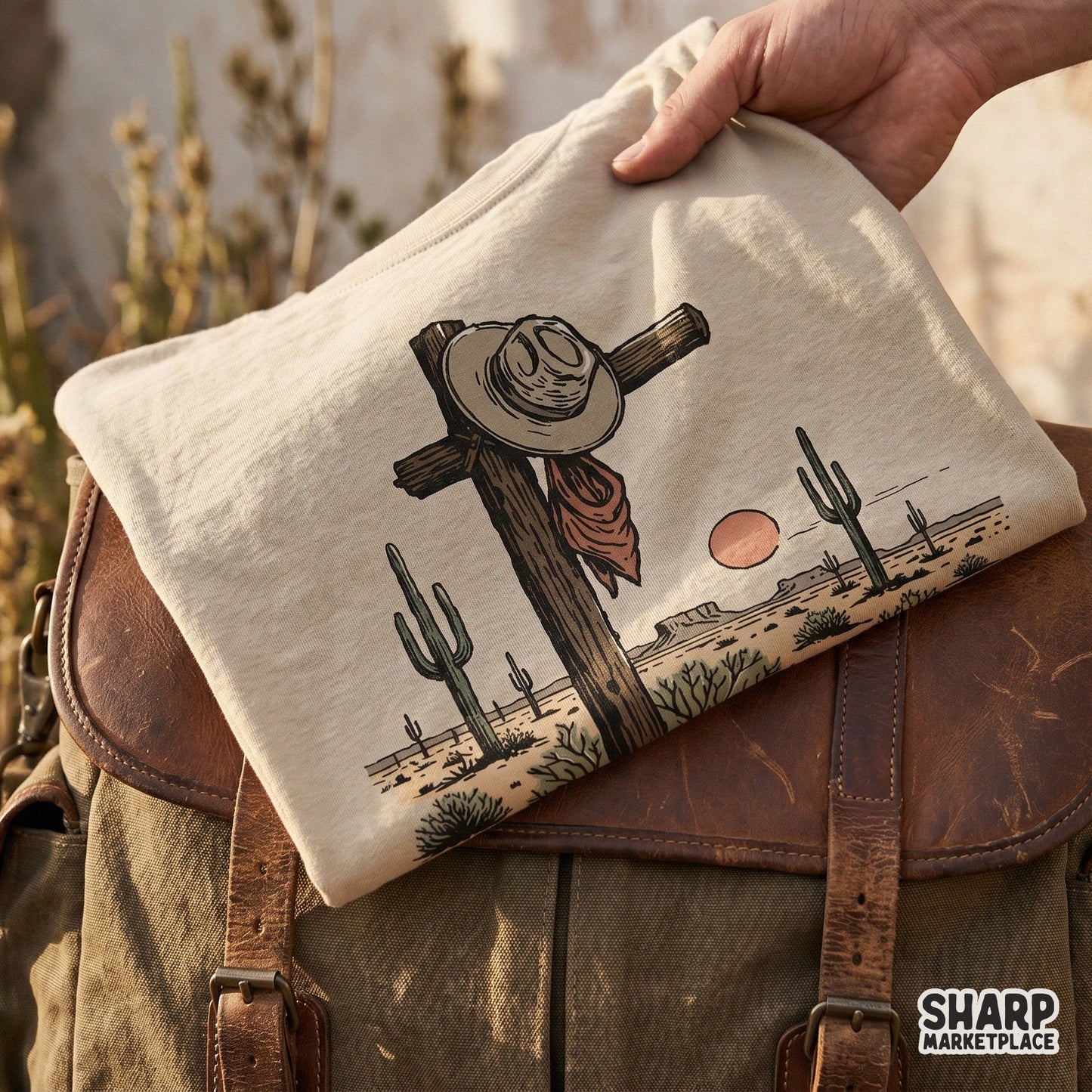Nostalgic desert tribute design featuring a wooden cross, cowboy hat, and southwestern mesa landscape, suitable for print-on-demand and DIY projects.