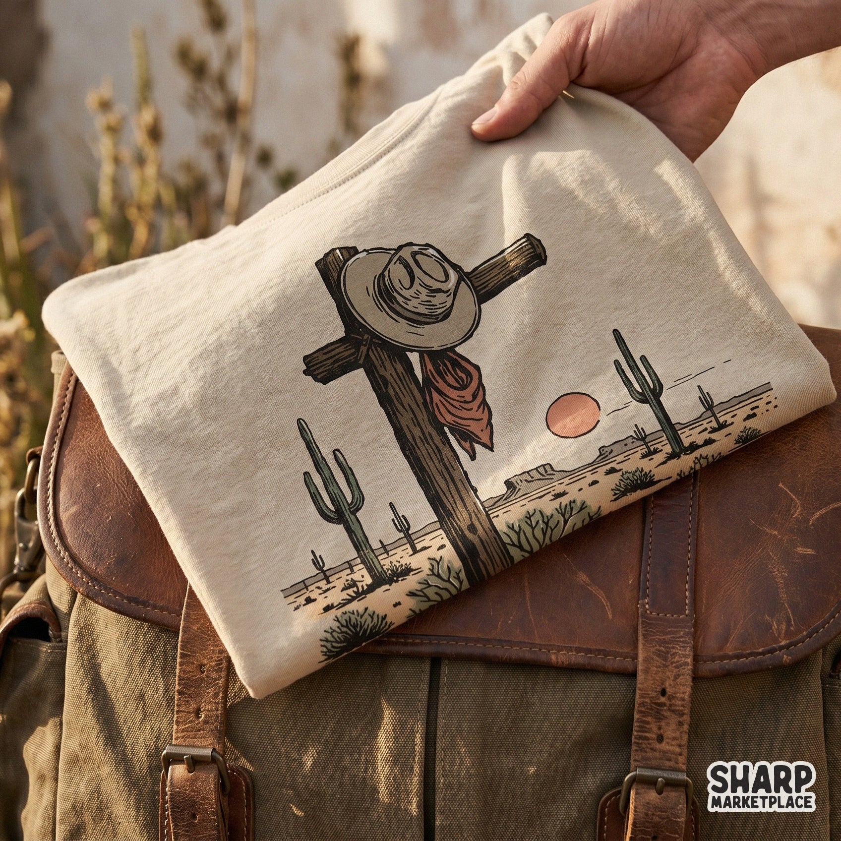 Nostalgic desert tribute design featuring a wooden cross, cowboy hat, and southwestern mesa landscape, suitable for print-on-demand and DIY projects.
