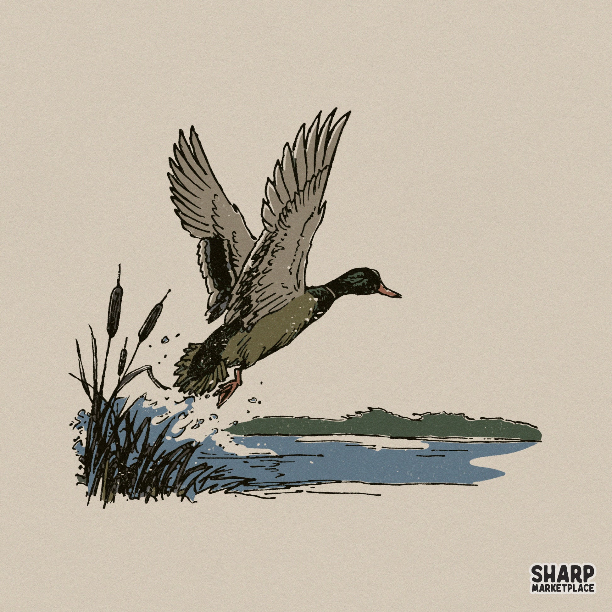 Vintage mallard duck taking flight from a marsh with cattails and water splash, hand-drawn rustic illustration for sublimation and apparel printing.
