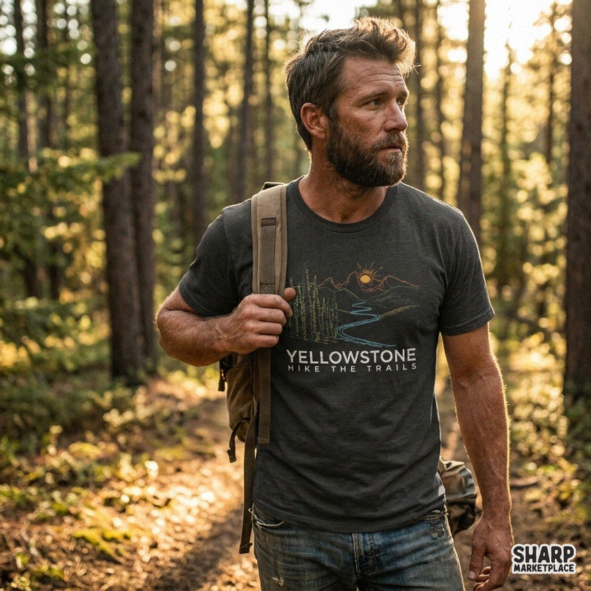 Vintage Yellowstone hike the trails design with mountain river and pine trees for retro camping t-shirts