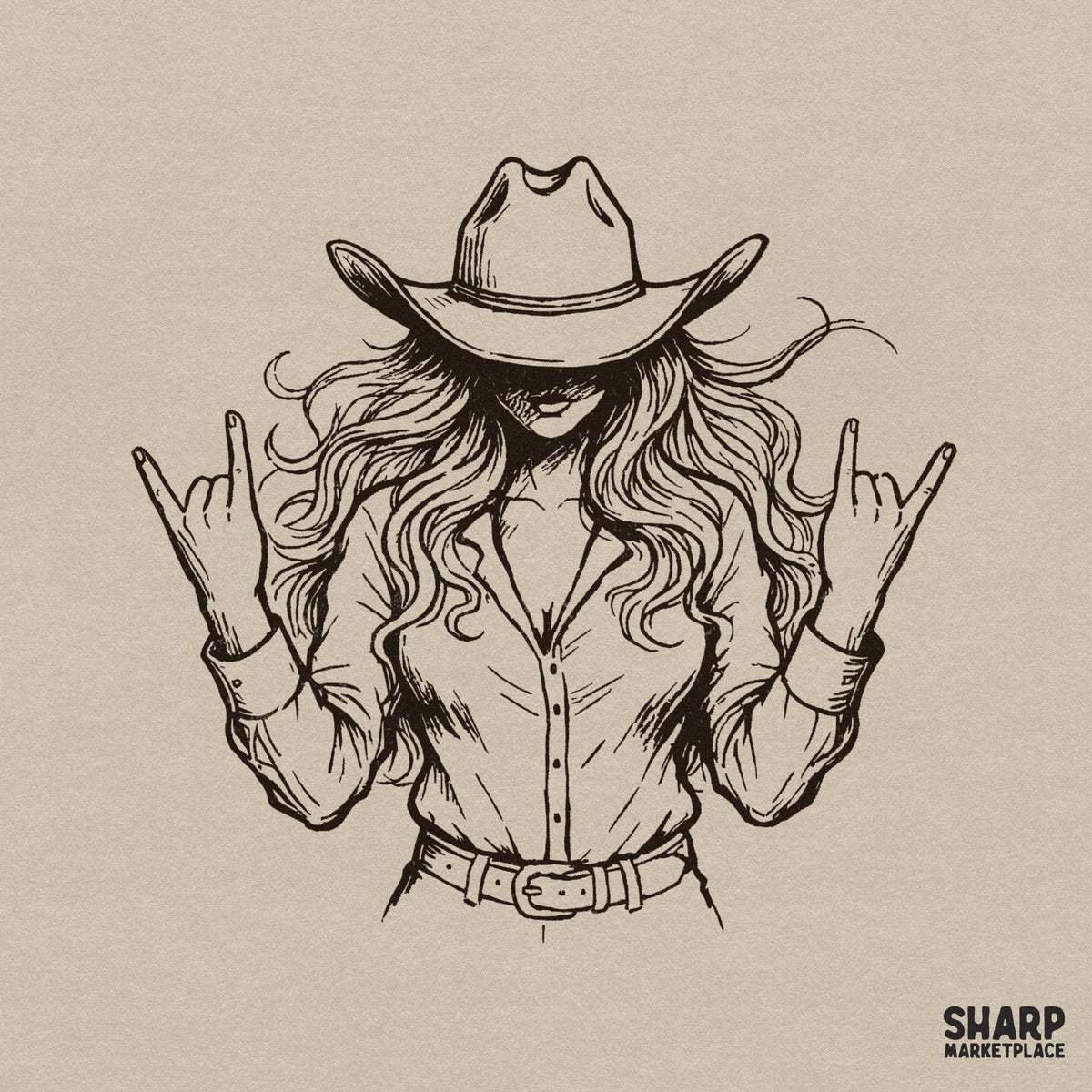 Vintage line art illustration of a cowgirl in a western hat and button-down shirt making rock and roll hand signs for apparel printing.