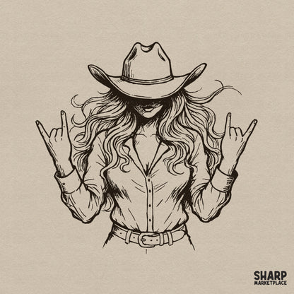Vintage line art illustration of a cowgirl in a western hat and button-down shirt making rock and roll hand signs for apparel printing.