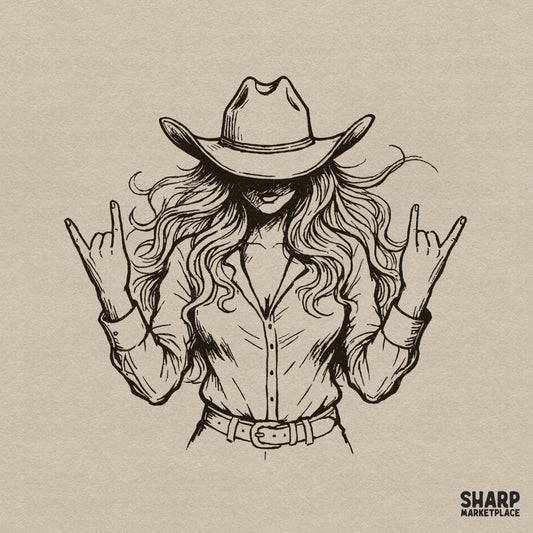 Vintage line art illustration of a cowgirl in a western hat and button-down shirt making rock and roll hand signs for apparel printing.